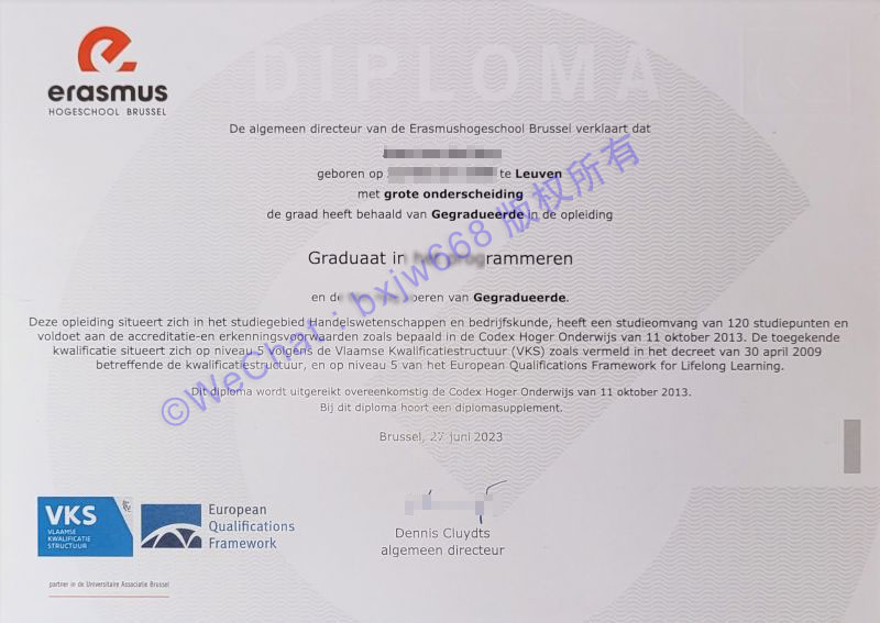 布鲁塞尔伊拉斯谟大学学院（Erasmus Hogeschool Brussel）毕业证样本大全：样式、尺寸与防伪细节