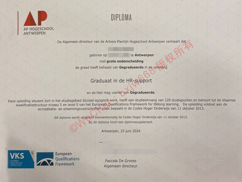 安特卫普应用科学大学毕业证样本（AP Hogeschool diploma）