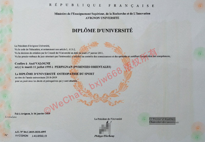 阿维尼翁大学毕业证（Avignon Université Diplôme d'Université）