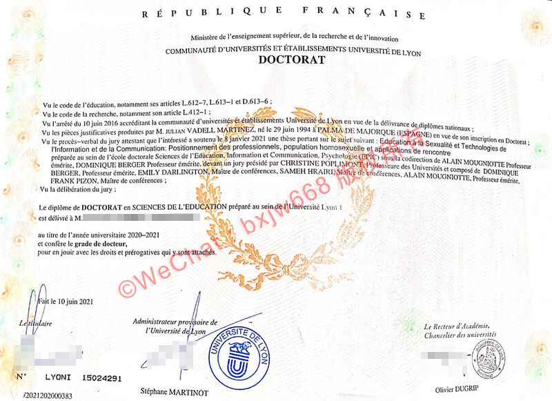 里昂大学毕业证（Université de Lyon Diplôme）
