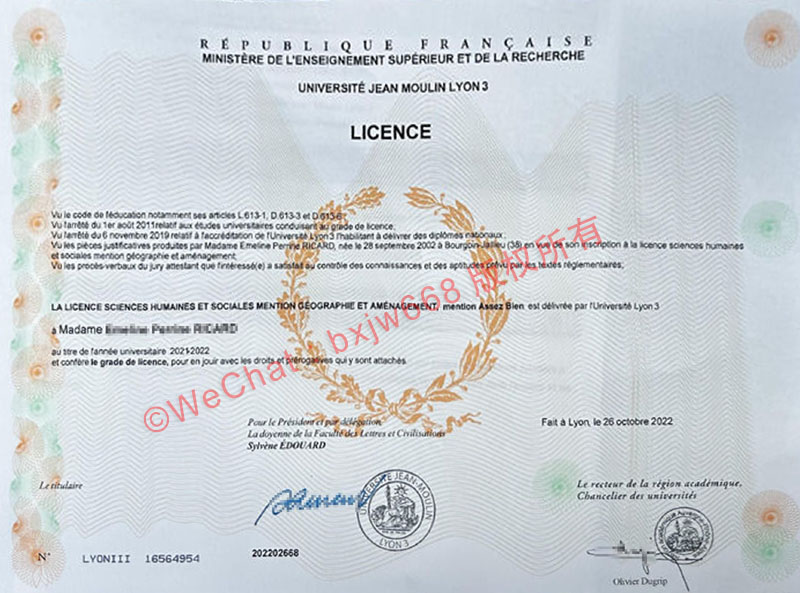 里昂第三大学毕业证（Université Jean Moulin Lyon 3 Diplôme）