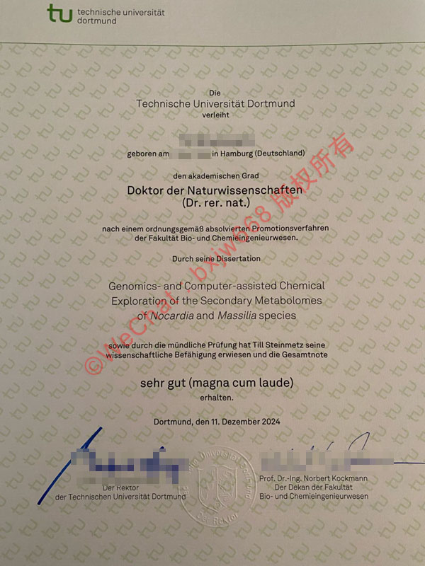 多特蒙德工业大学毕业证（Technische Universität Dortmund diploma）