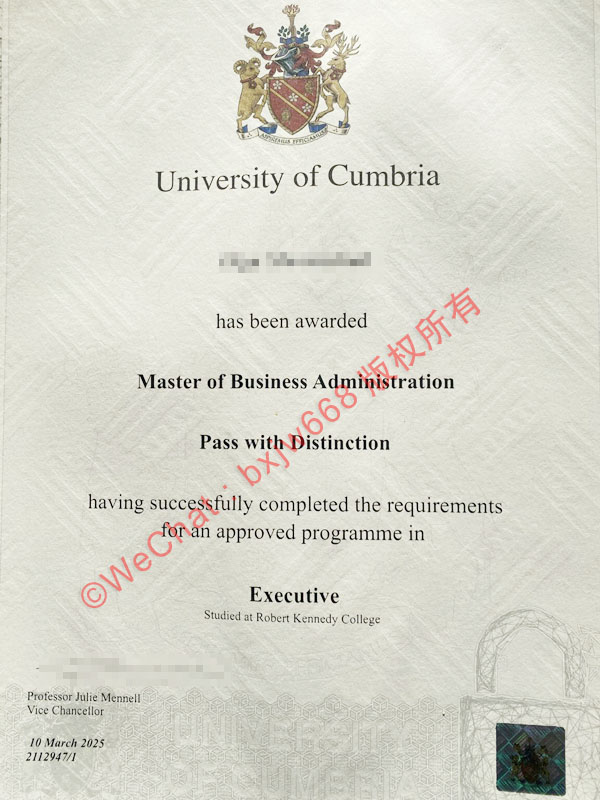 坎布里亚大学毕业证（University of Cumbria diploma/Certificate of Degree）