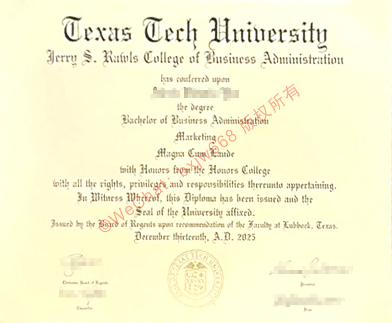 得克萨斯理工大学毕业证（TTU Diploma / Degree Certificate）视觉版式与防伪